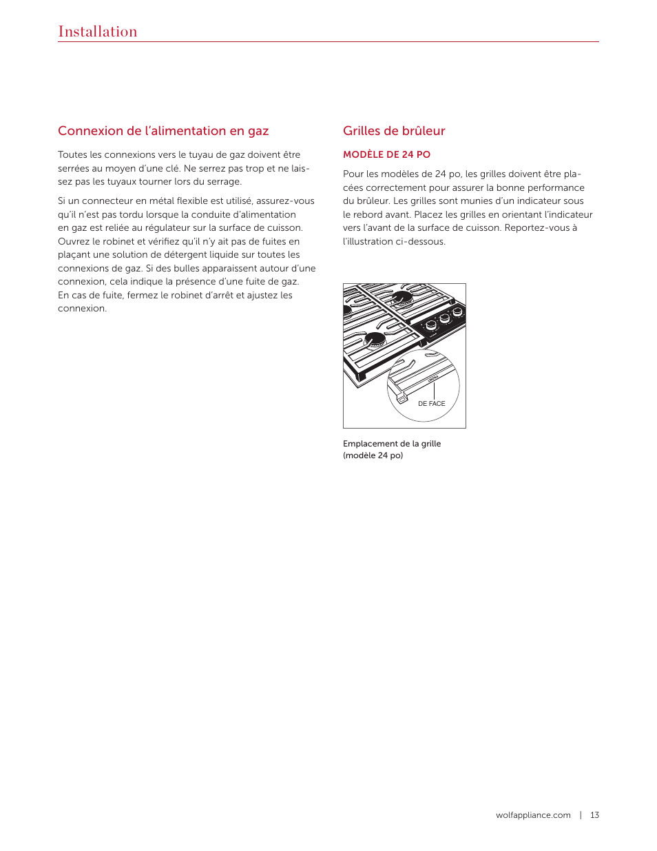 Installation, Connexion de l’alimentation en gaz, Grilles de brûleur | Wolf 36 Inch Cooktop Installation Guide User Manual | Page 41 / 44