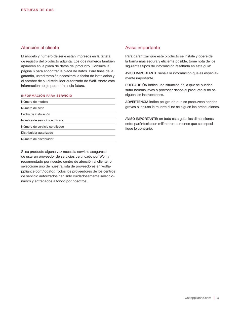 Atención al cliente, Aviso importante | Wolf 36 Inch Cooktop Use and Care Guide User Manual | Page 13 / 32