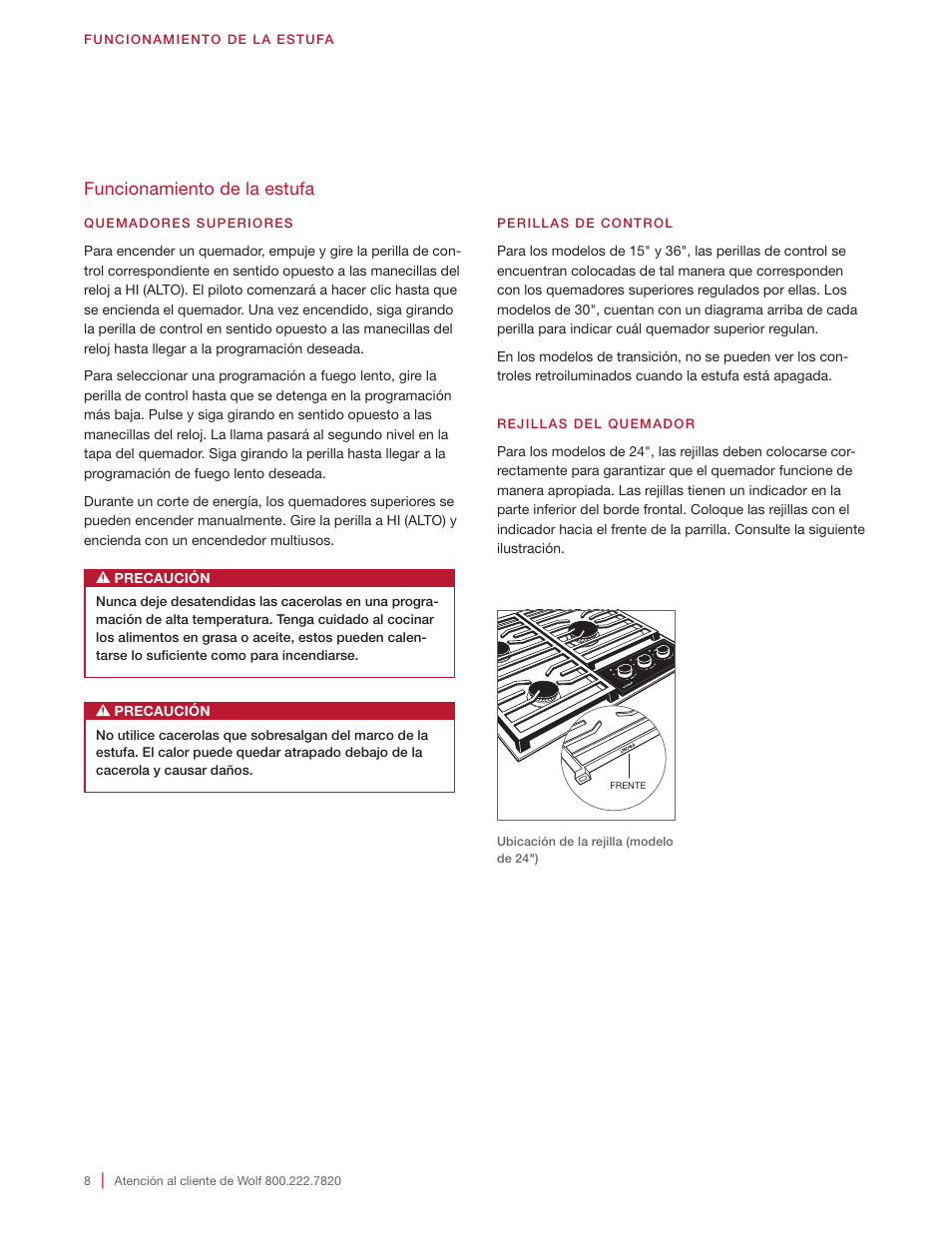 Funcionamiento de la estufa | Wolf 36 Inch Cooktop Use and Care Guide User Manual | Page 18 / 32