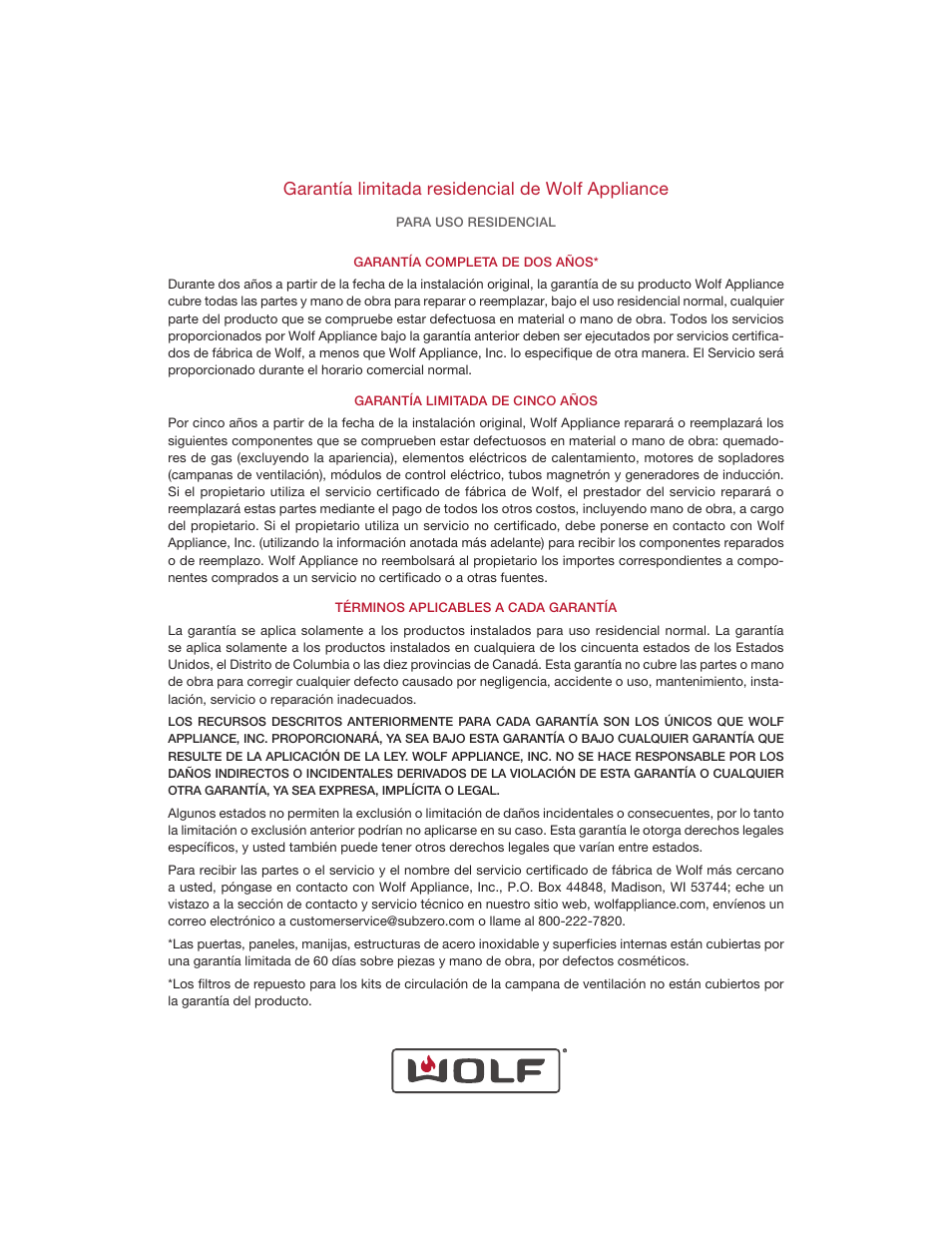 Garantía limitada residencial de wolf appliance | Wolf 36 Inch Cooktop Use and Care Guide User Manual | Page 21 / 32