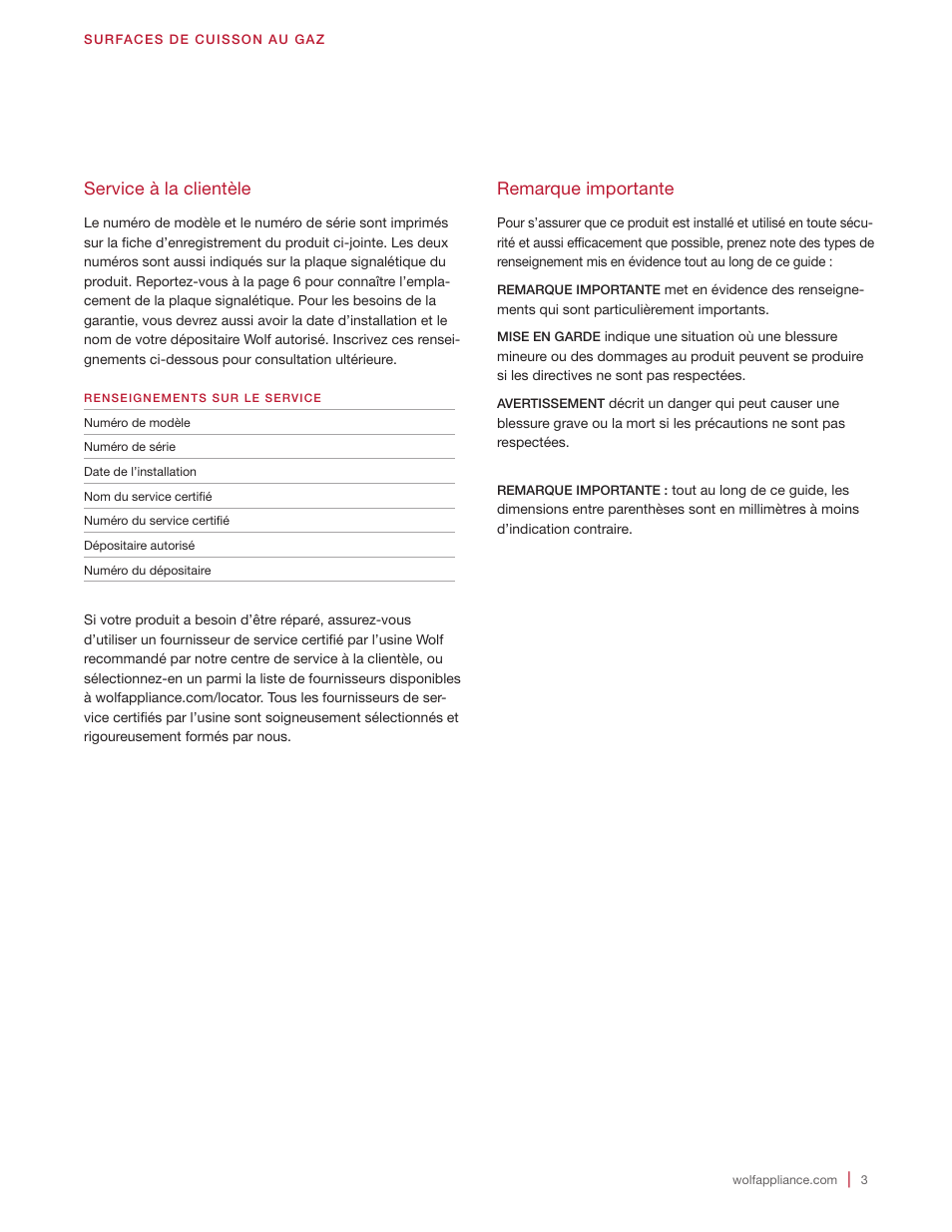 Service à la clientèle, Remarque importante | Wolf 36 Inch Cooktop Use and Care Guide User Manual | Page 23 / 32