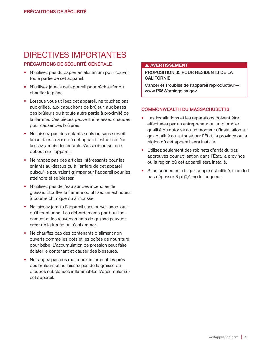 Directives importantes | Wolf 36 Inch Cooktop Use and Care Guide User Manual | Page 25 / 32