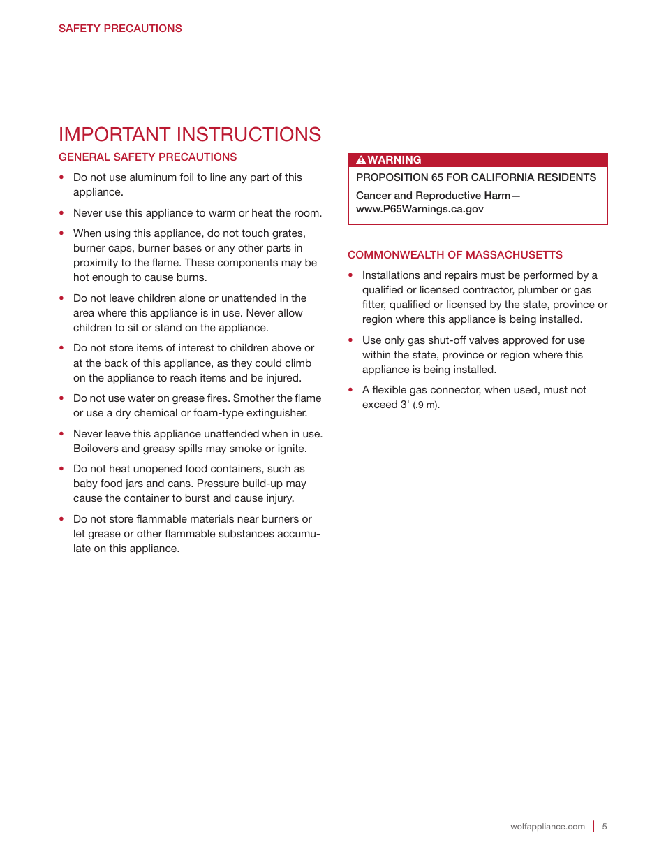 Important instructions | Wolf 36 Inch Cooktop Use and Care Guide User Manual | Page 5 / 32