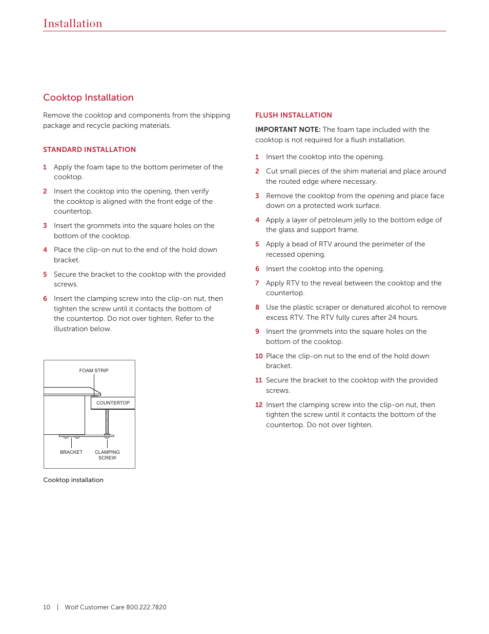 Installation, Cooktop installation | Wolf Contemporary 36 Inch Induction Cooktop Installation Guide User Manual | Page 10 / 32