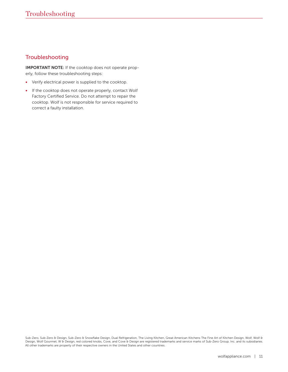 Troubleshooting | Wolf Contemporary 36 Inch Induction Cooktop Installation Guide User Manual | Page 11 / 32