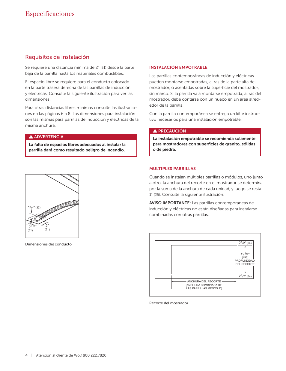 Especificaciones, Requisitos de instalación | Wolf Contemporary 36 Inch Induction Cooktop Installation Guide User Manual | Page 14 / 32