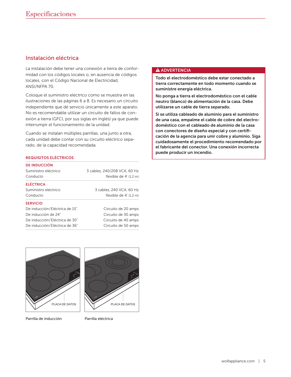 Especificaciones, Instalación eléctrica | Wolf Contemporary 36 Inch Induction Cooktop Installation Guide User Manual | Page 15 / 32