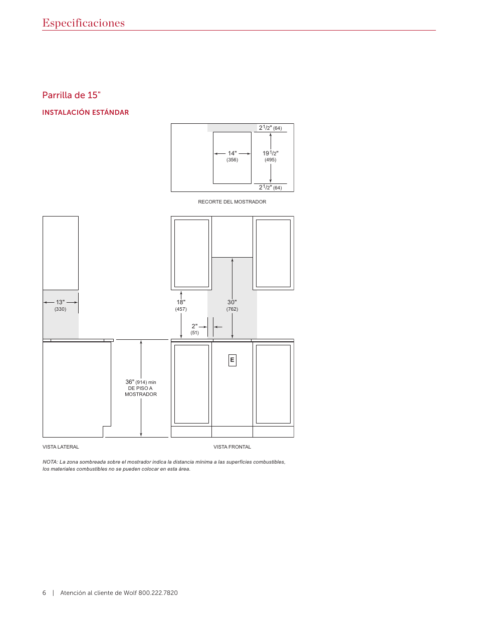 Especificaciones, Parrilla de 15 | Wolf Contemporary 36 Inch Induction Cooktop Installation Guide User Manual | Page 16 / 32