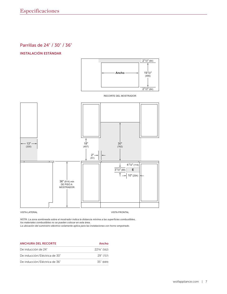 Especificaciones | Wolf Contemporary 36 Inch Induction Cooktop Installation Guide User Manual | Page 17 / 32