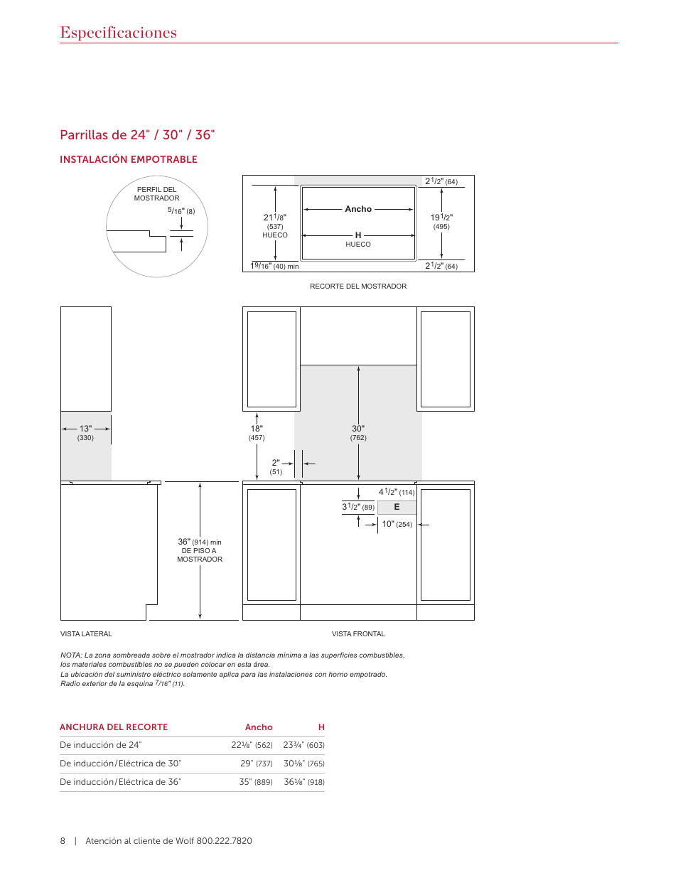 Especificaciones | Wolf Contemporary 36 Inch Induction Cooktop Installation Guide User Manual | Page 18 / 32