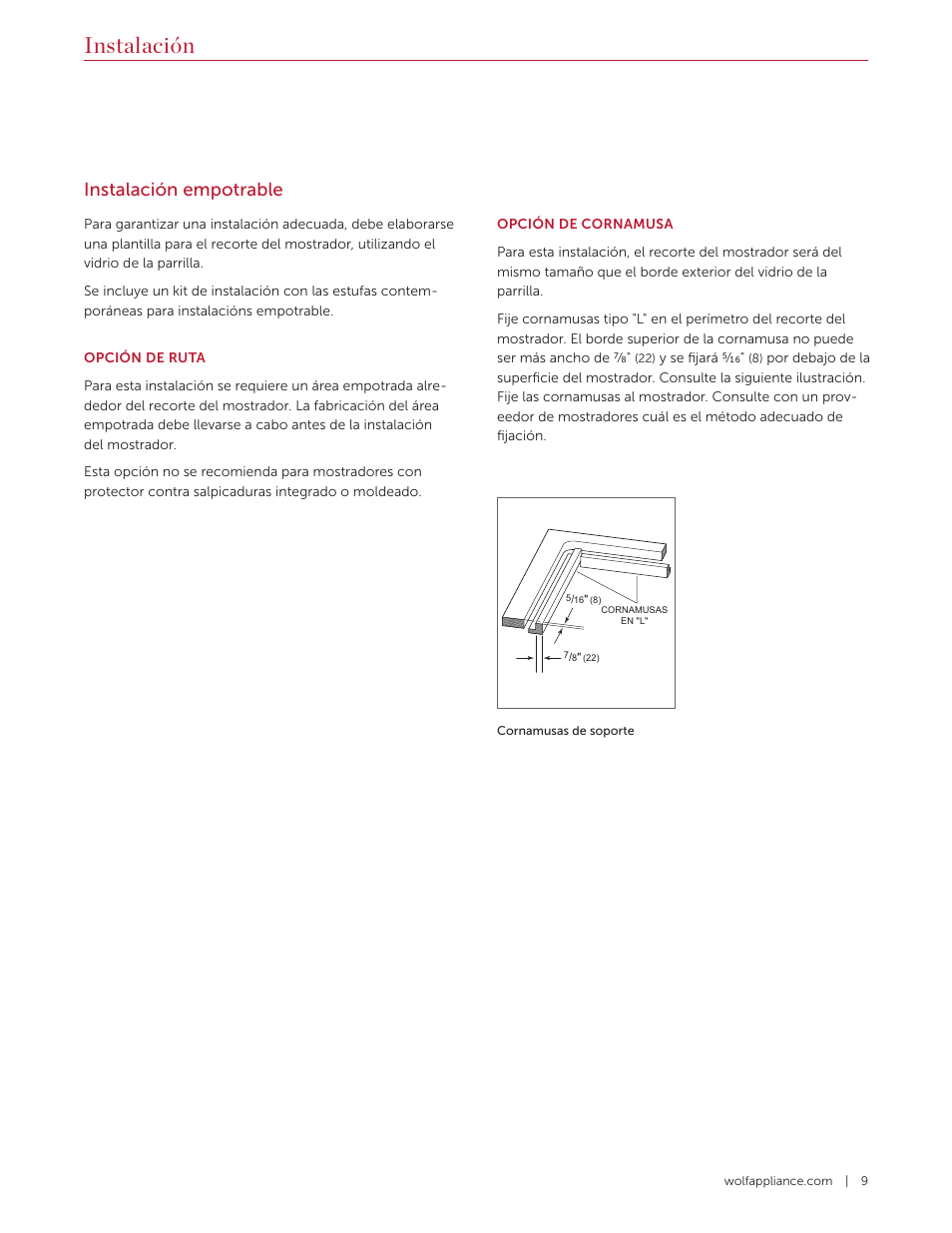 Instalación, Instalación empotrable | Wolf Contemporary 36 Inch Induction Cooktop Installation Guide User Manual | Page 19 / 32