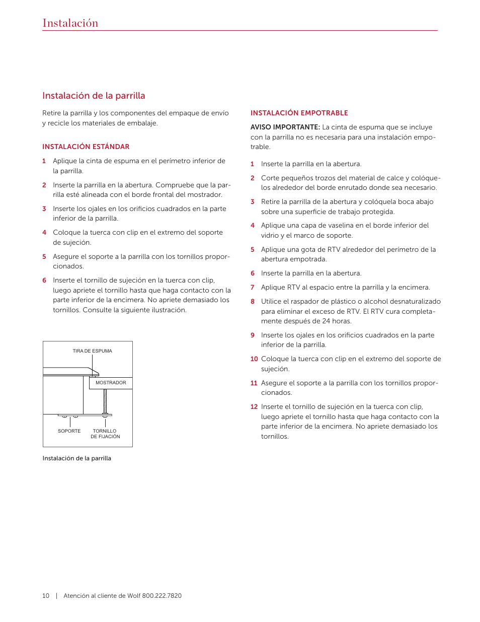 Instalación, Instalación de la parrilla | Wolf Contemporary 36 Inch Induction Cooktop Installation Guide User Manual | Page 20 / 32