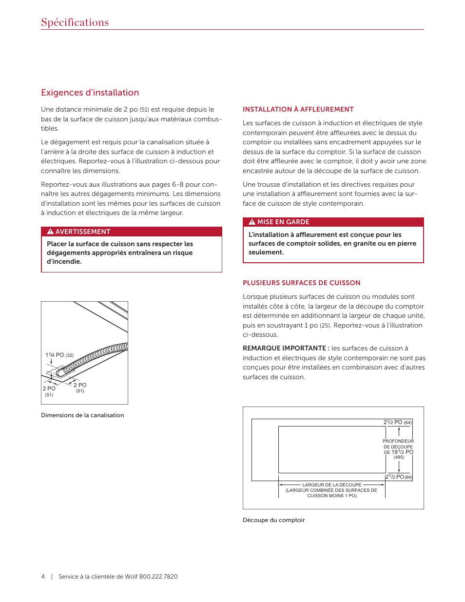Spécifications, Exigences d'installation | Wolf Contemporary 36 Inch Induction Cooktop Installation Guide User Manual | Page 24 / 32