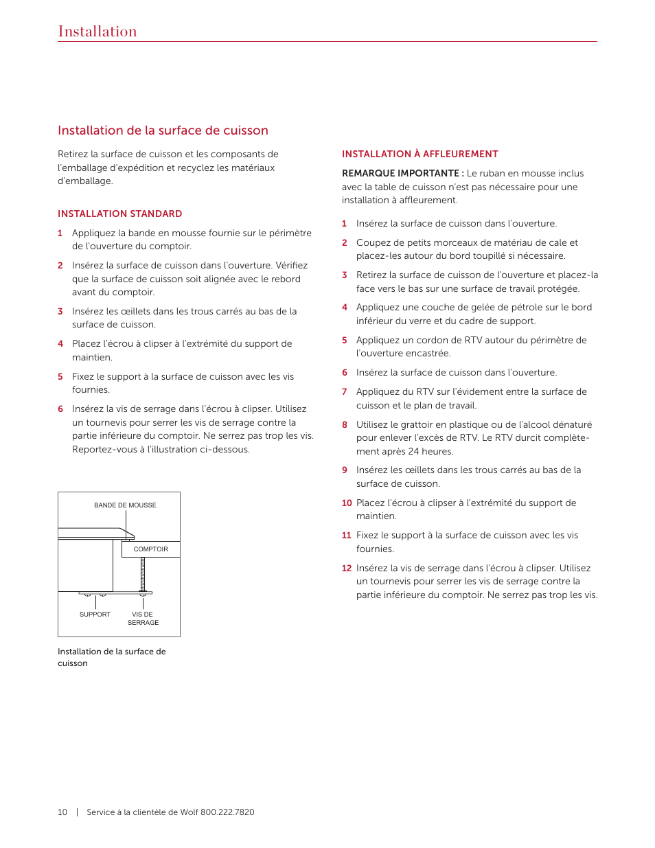 Installation, Installation de la surface de cuisson | Wolf Contemporary 36 Inch Induction Cooktop Installation Guide User Manual | Page 30 / 32