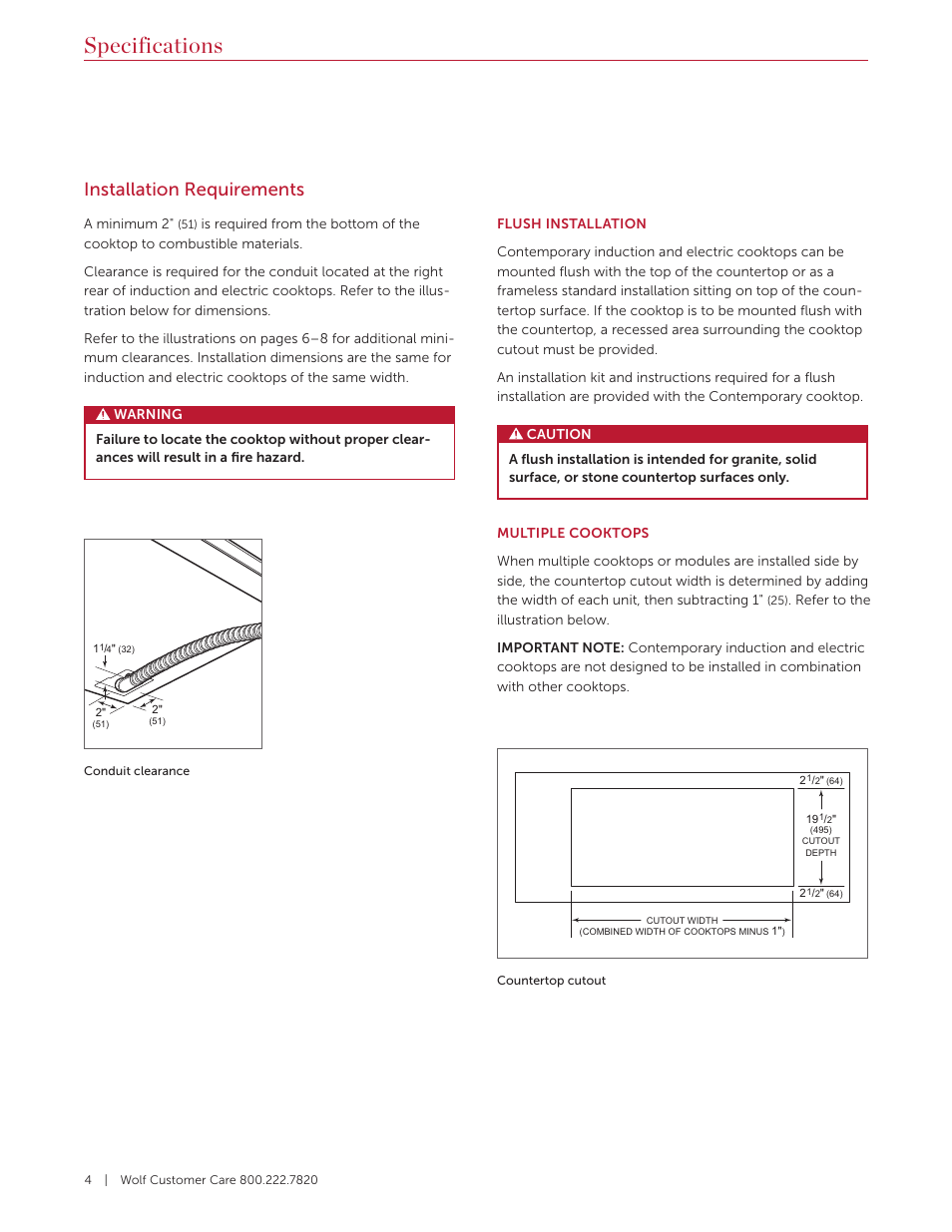 Specifications, Installation requirements | Wolf Contemporary 36 Inch Induction Cooktop Installation Guide User Manual | Page 4 / 32