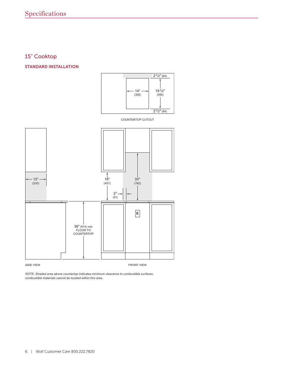 Specifications, 15" cooktop | Wolf Contemporary 36 Inch Induction Cooktop Installation Guide User Manual | Page 6 / 32