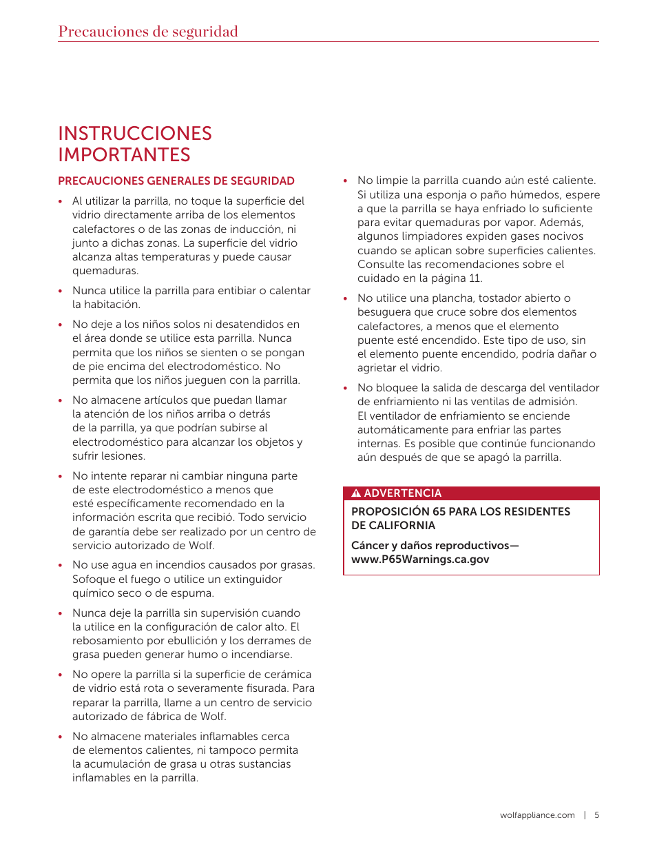 Instrucciones importantes, Precauciones de seguridad | Wolf Contemporary 36 Inch Induction Cooktop Use and Care Guide User Manual | Page 17 / 40