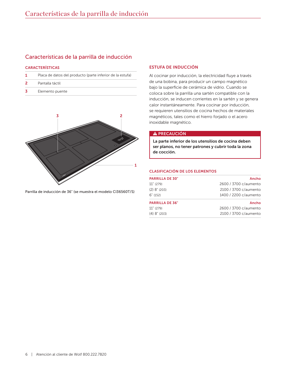 Características de la parrilla de inducción | Wolf Contemporary 36 Inch Induction Cooktop Use and Care Guide User Manual | Page 18 / 40
