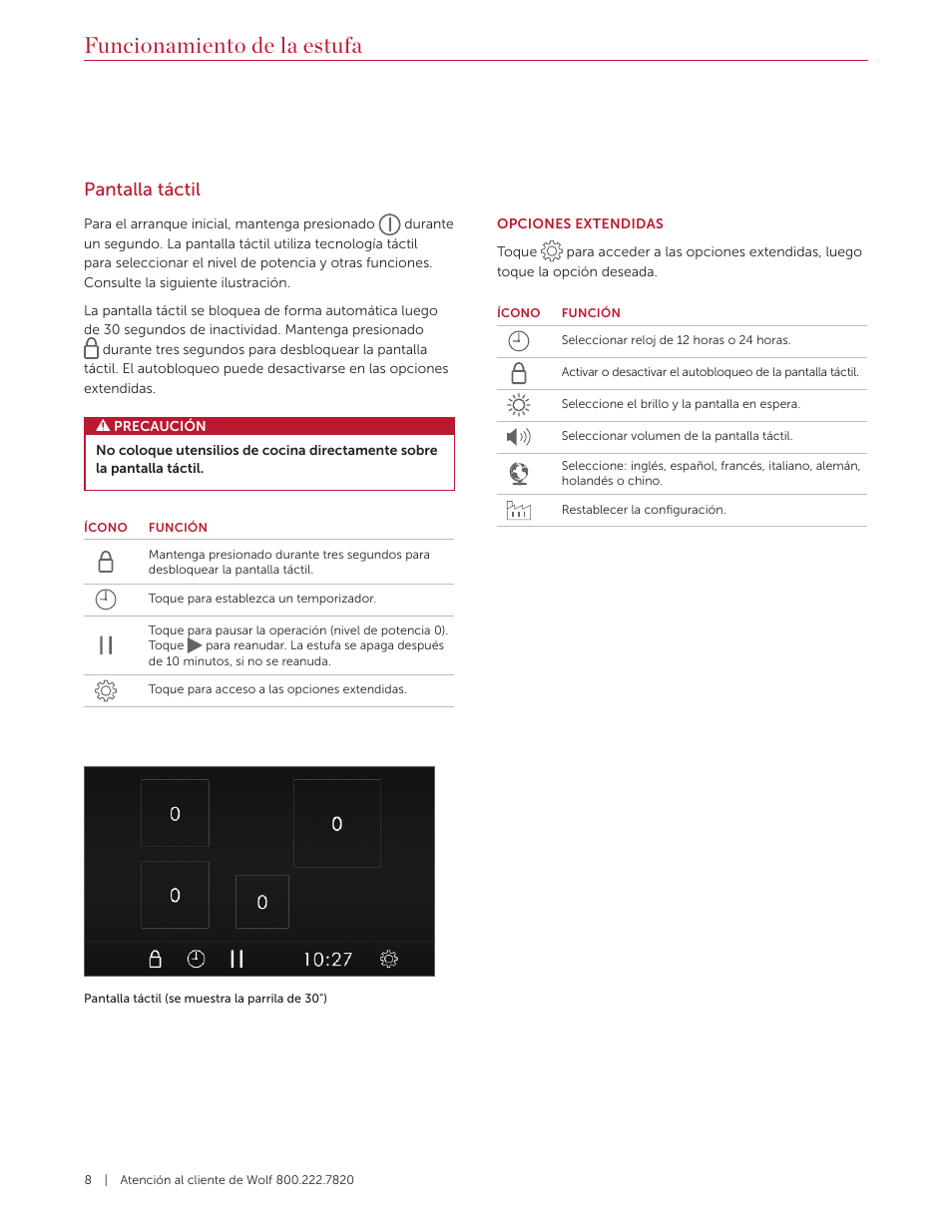 Funcionamiento de la estufa, Pantalla táctil | Wolf Contemporary 36 Inch Induction Cooktop Use and Care Guide User Manual | Page 20 / 40