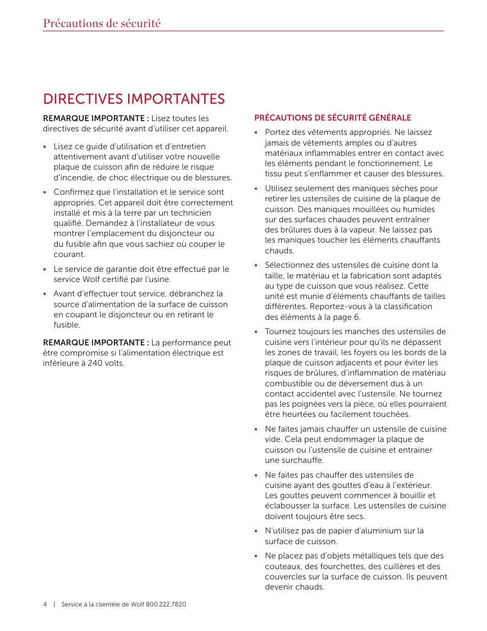 Directives importantes, Précautions de sécurité | Wolf Contemporary 36 Inch Induction Cooktop Use and Care Guide User Manual | Page 28 / 40