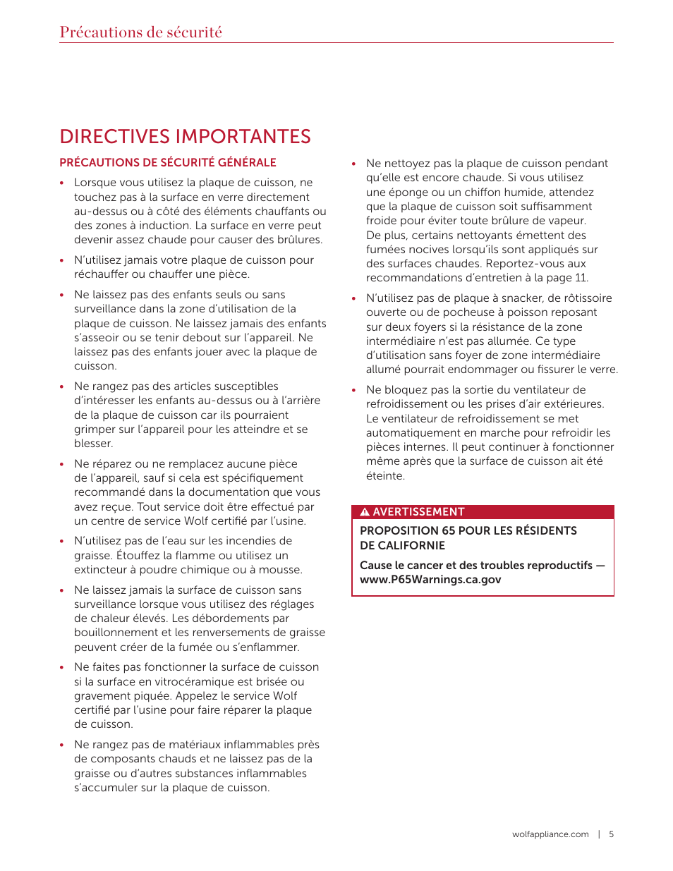 Directives importantes, Précautions de sécurité | Wolf Contemporary 36 Inch Induction Cooktop Use and Care Guide User Manual | Page 29 / 40