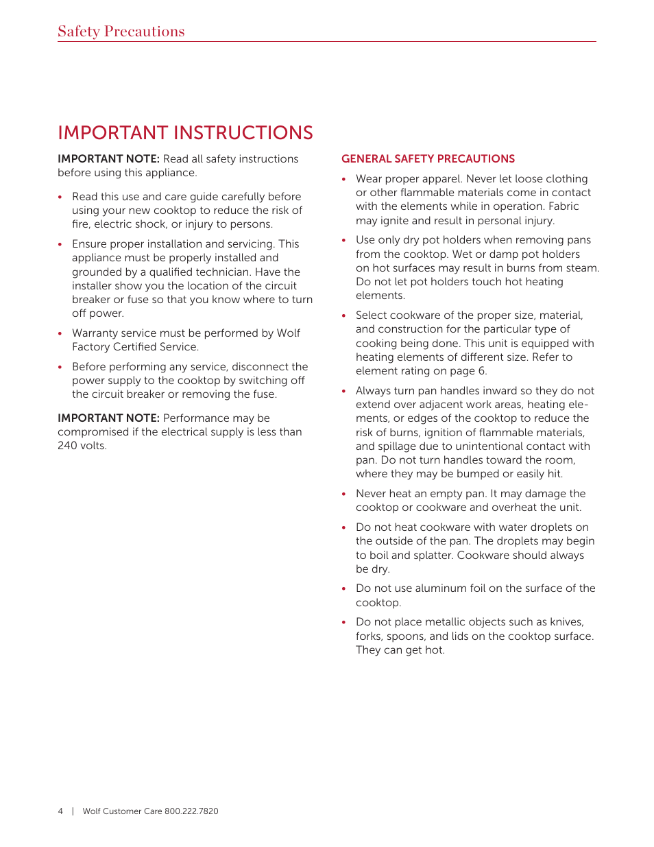 Important instructions, Safety precautions | Wolf Contemporary 36 Inch Induction Cooktop Use and Care Guide User Manual | Page 4 / 40