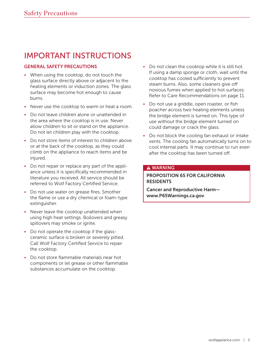 Important instructions, Safety precautions | Wolf Contemporary 36 Inch Induction Cooktop Use and Care Guide User Manual | Page 5 / 40