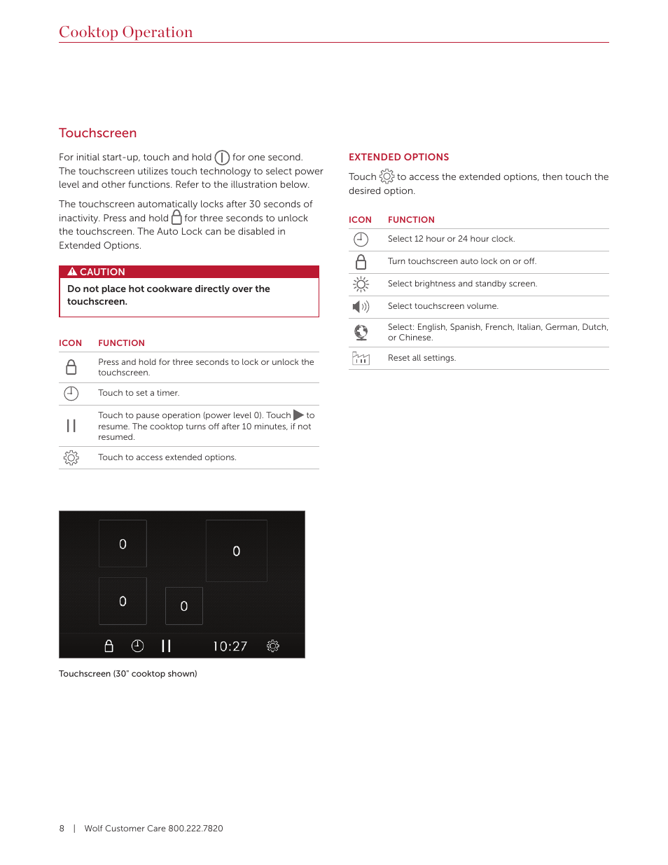 Cooktop operation, Touchscreen | Wolf Contemporary 36 Inch Induction Cooktop Use and Care Guide User Manual | Page 8 / 40