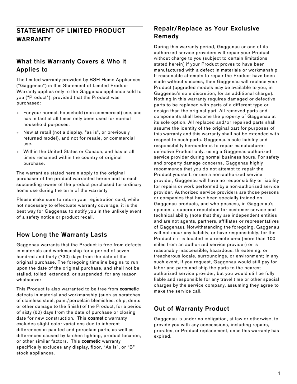 Gaggenau 200 Series 36 Inch Gas Cooktop Warranty User Manual | 6 pages