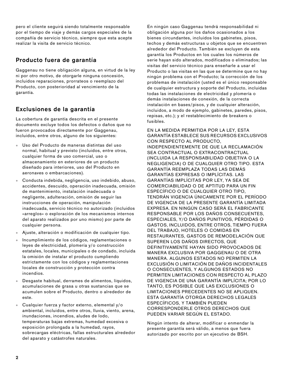 Producto fuera de garantía, Exclusiones de la garantía | Gaggenau 200 Series 36 Inch Gas Cooktop Warranty User Manual | Page 4 / 6