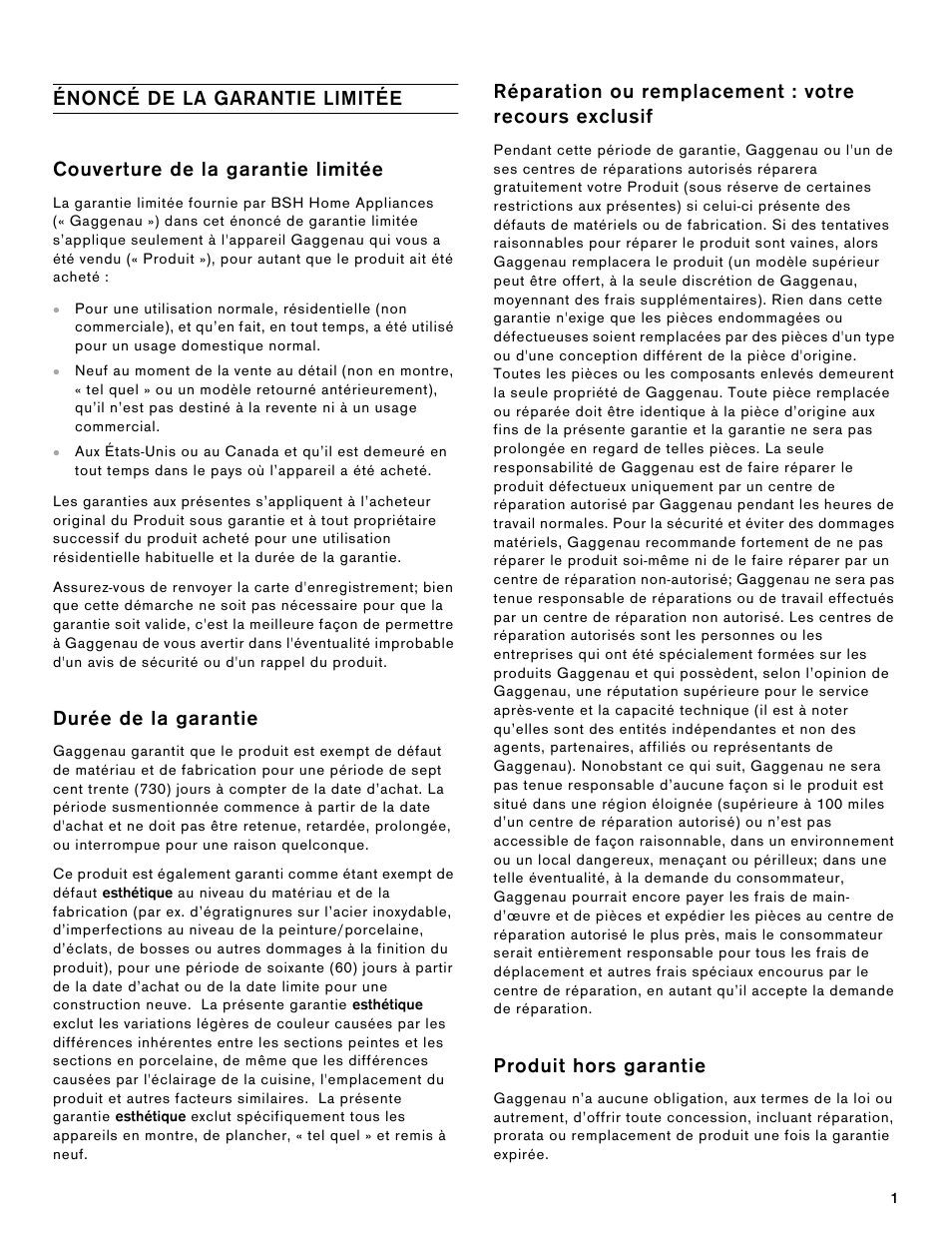 Warranty_gg_fr, Énoncé de la garantie limitée, Couverture de la garantie limitée | Durée de la garantie, Produit hors garantie | Gaggenau 200 Series 36 Inch Gas Cooktop Warranty User Manual | Page 5 / 6