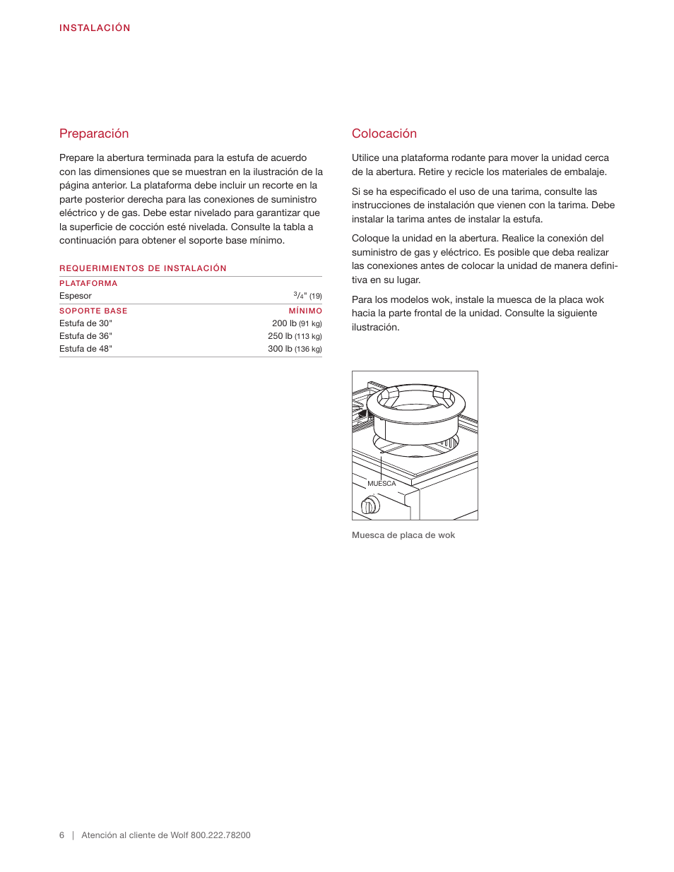 Colocación, Preparación | Wolf 48 Inch Pro-Style Gas Rangetop Installation Guide User Manual | Page 12 / 26
