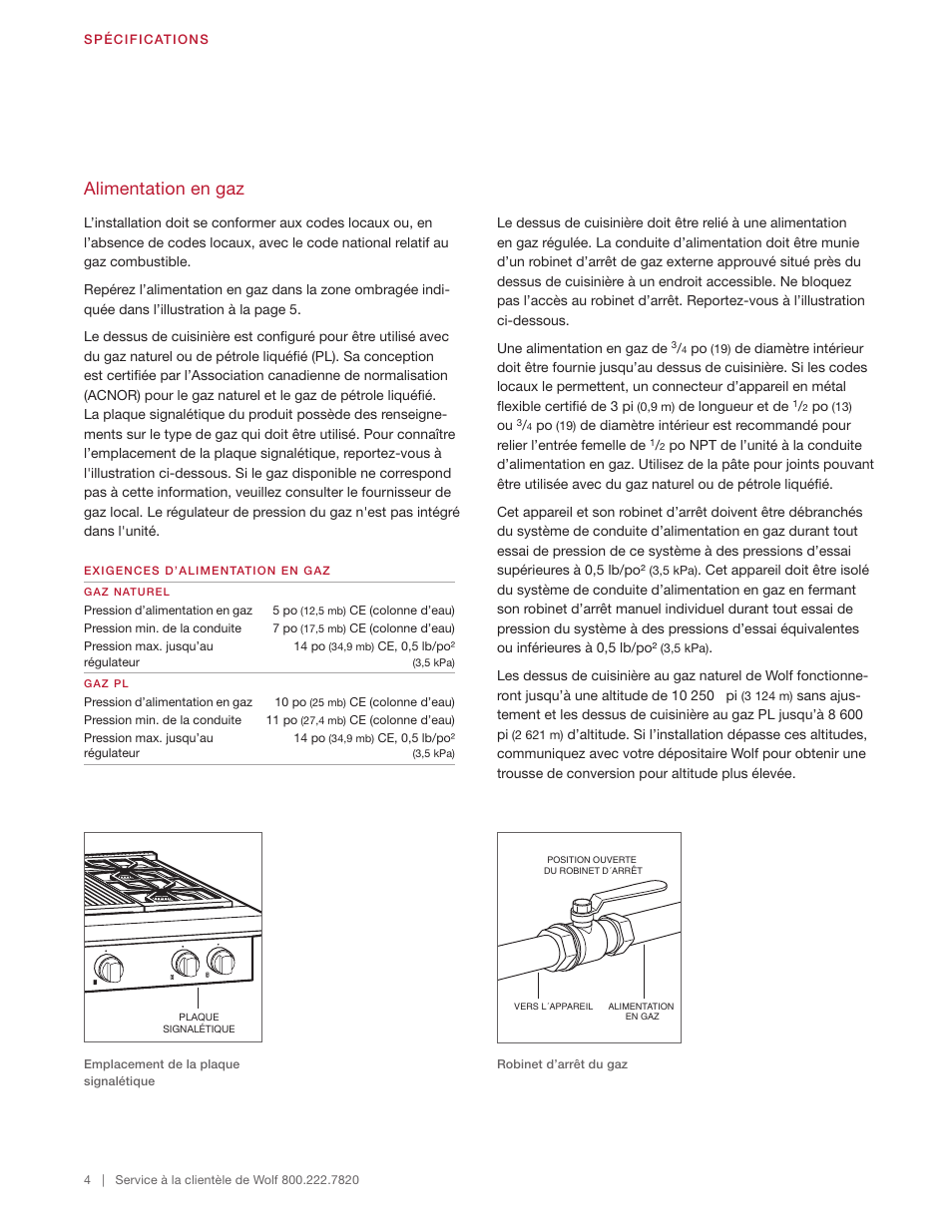 Alimentation en gaz | Wolf 48 Inch Pro-Style Gas Rangetop Installation Guide User Manual | Page 16 / 26