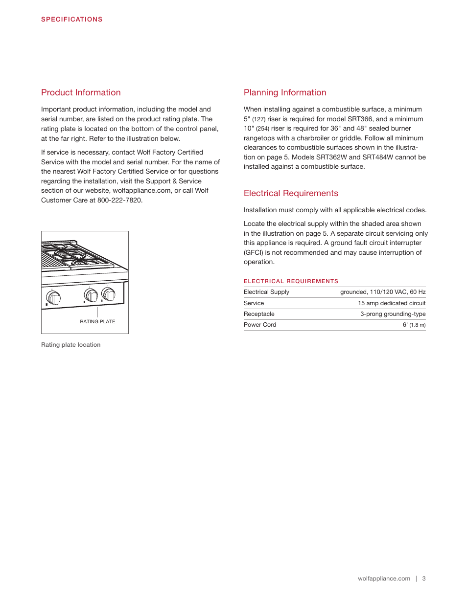 Product information, Planning information, Electrical requirements | Wolf 48 Inch Pro-Style Gas Rangetop Installation Guide User Manual | Page 3 / 26