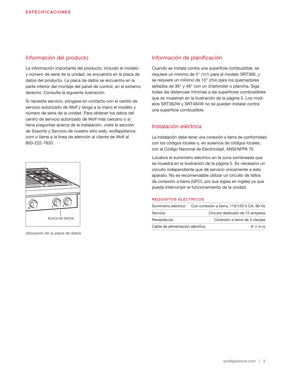 Información del producto, Información de planificación, Instalación eléctrica | Wolf 48 Inch Pro-Style Gas Rangetop Installation Guide User Manual | Page 9 / 26