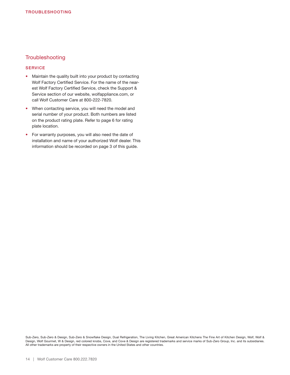 Troubleshooting | Wolf 48 Inch Pro-Style Gas Rangetop Use & Care Guide User Manual | Page 14 / 58