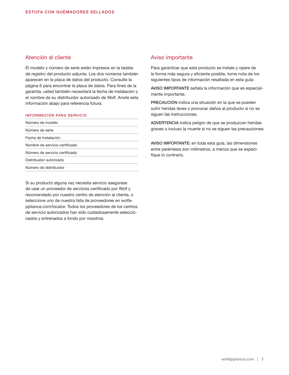 Atención al cliente, Aviso importante | Wolf 48 Inch Pro-Style Gas Rangetop Use & Care Guide User Manual | Page 17 / 58