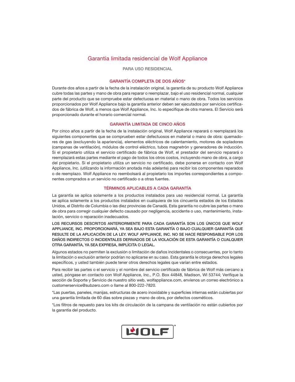 Garantía limitada residencial de wolf appliance | Wolf 48 Inch Pro-Style Gas Rangetop Use & Care Guide User Manual | Page 29 / 58