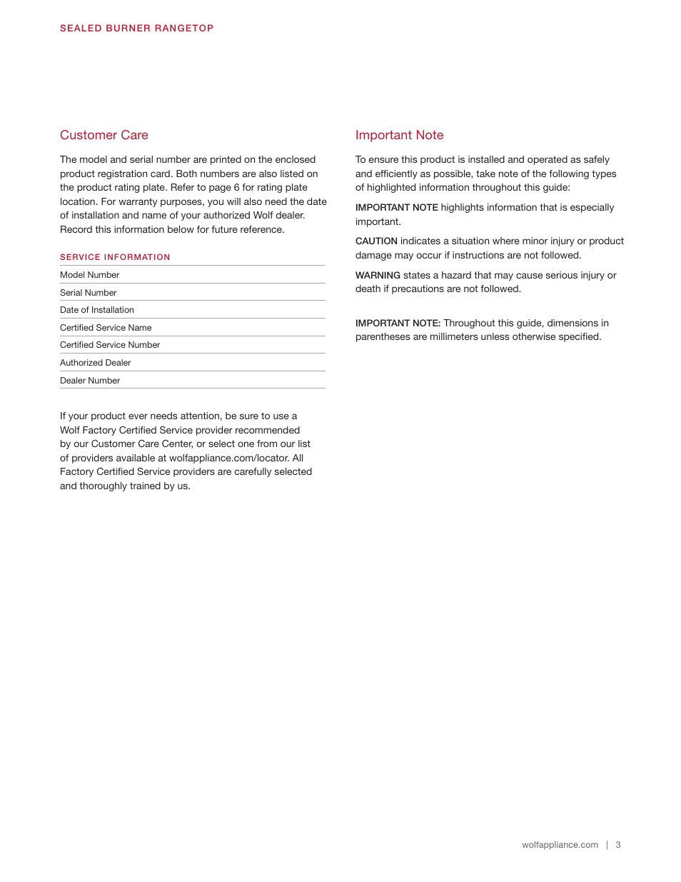 Customer care | Wolf 48 Inch Pro-Style Gas Rangetop Use & Care Guide User Manual | Page 3 / 58