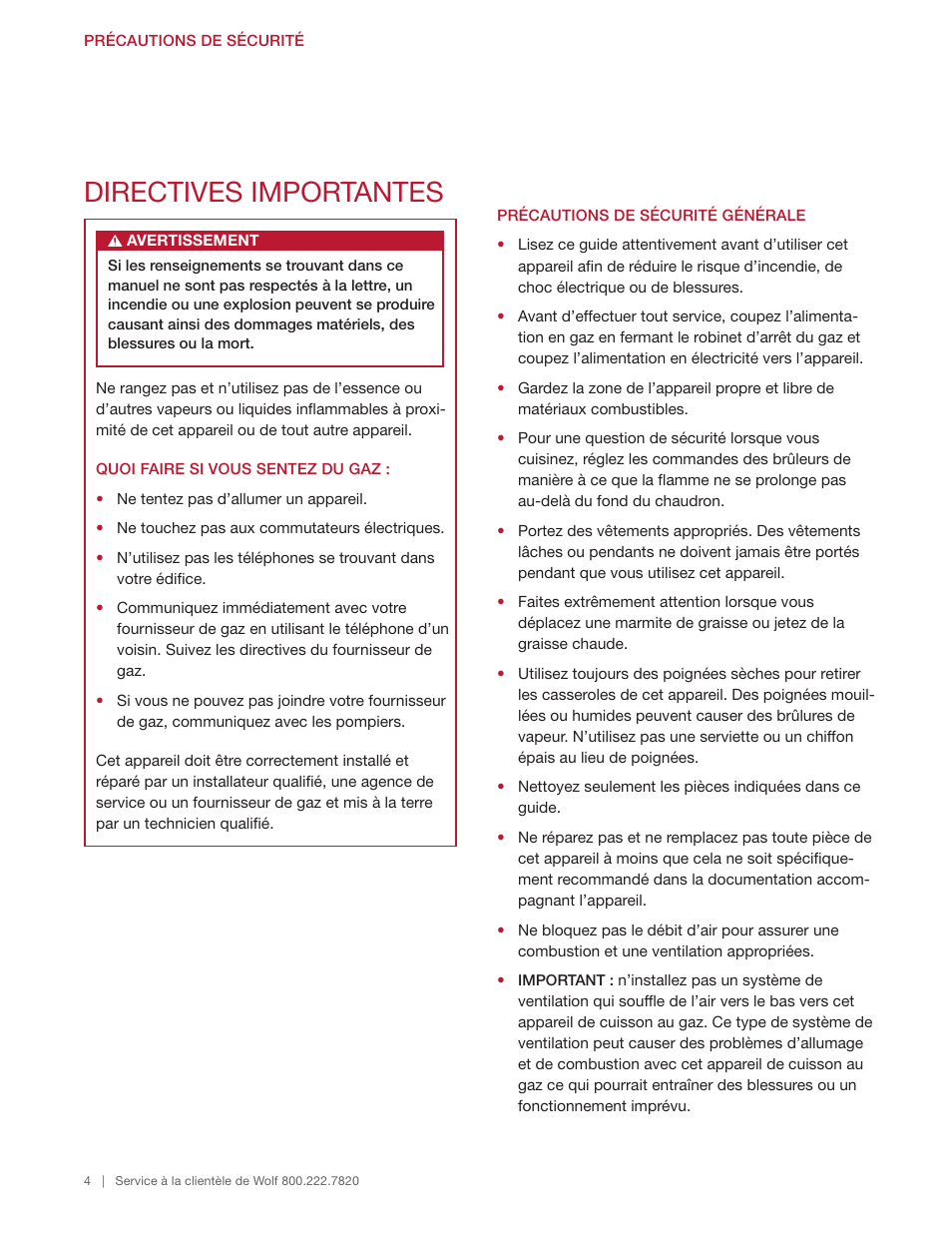 Directives importantes | Wolf 48 Inch Pro-Style Gas Rangetop Use & Care Guide User Manual | Page 32 / 58