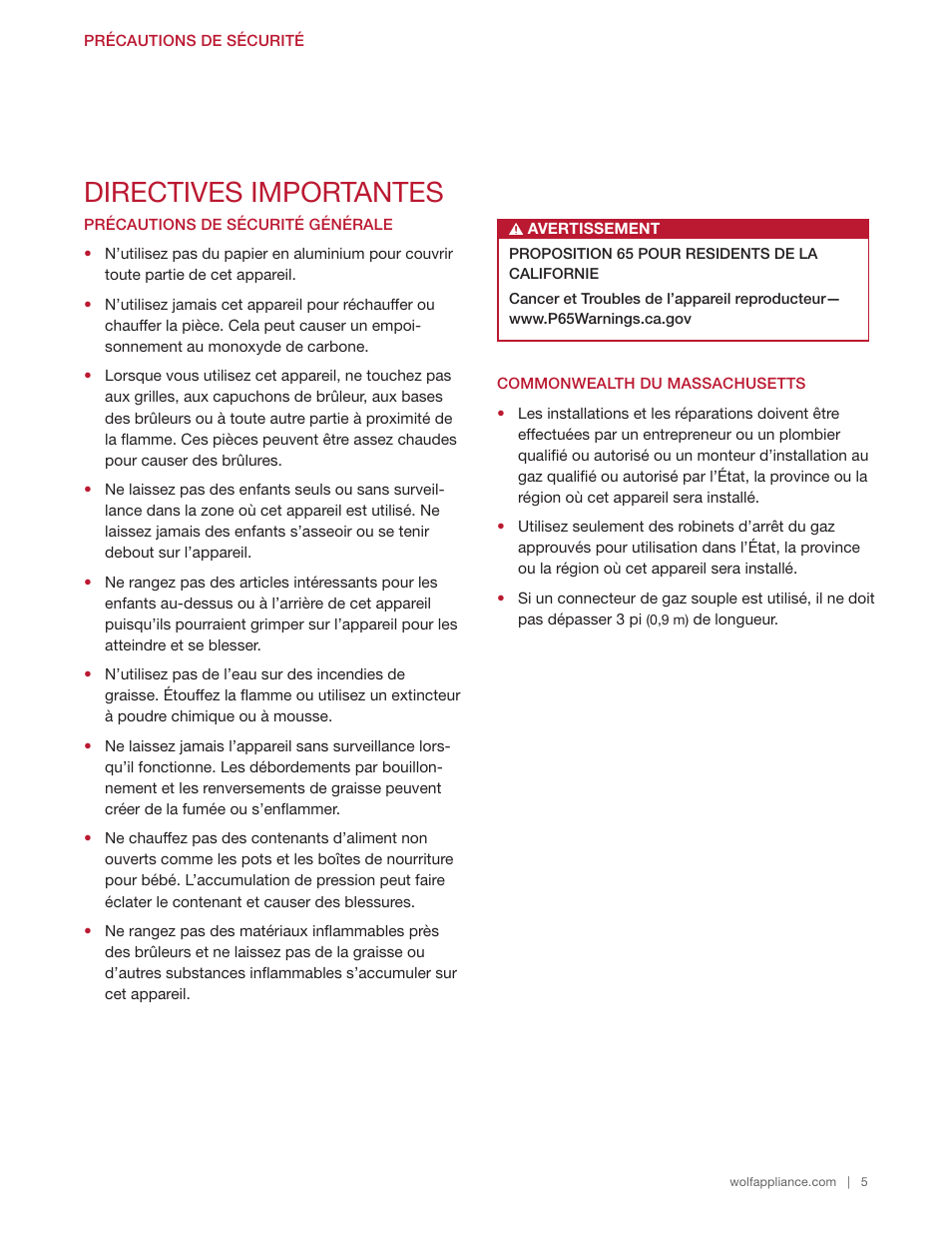 Directives importantes | Wolf 48 Inch Pro-Style Gas Rangetop Use & Care Guide User Manual | Page 33 / 58