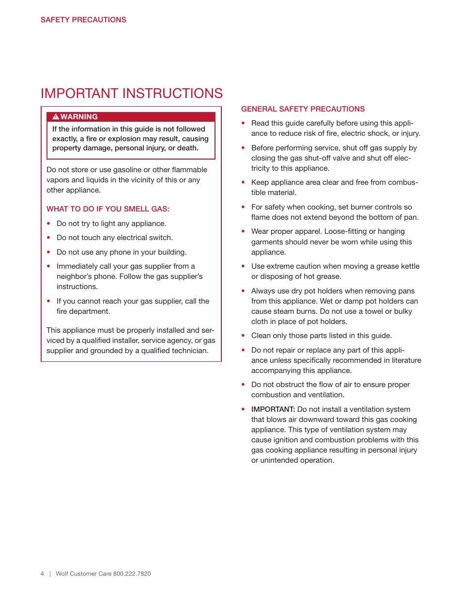 Important instructions | Wolf 48 Inch Pro-Style Gas Rangetop Use & Care Guide User Manual | Page 4 / 58