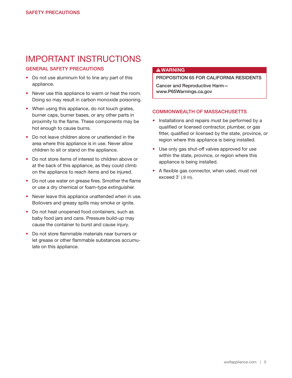 Important instructions | Wolf 48 Inch Pro-Style Gas Rangetop Use & Care Guide User Manual | Page 5 / 58