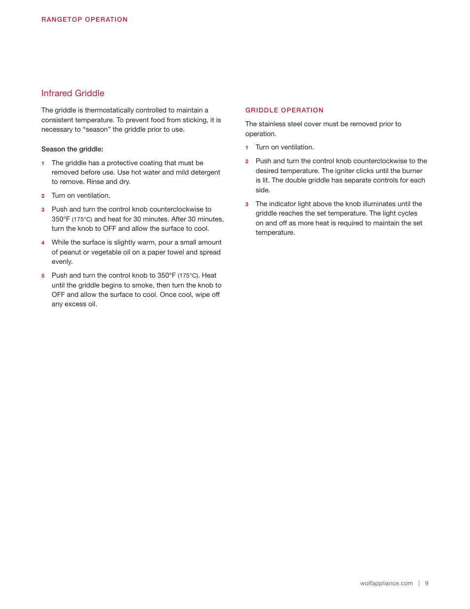 Infrared griddle | Wolf 48 Inch Pro-Style Gas Rangetop Use & Care Guide User Manual | Page 9 / 58