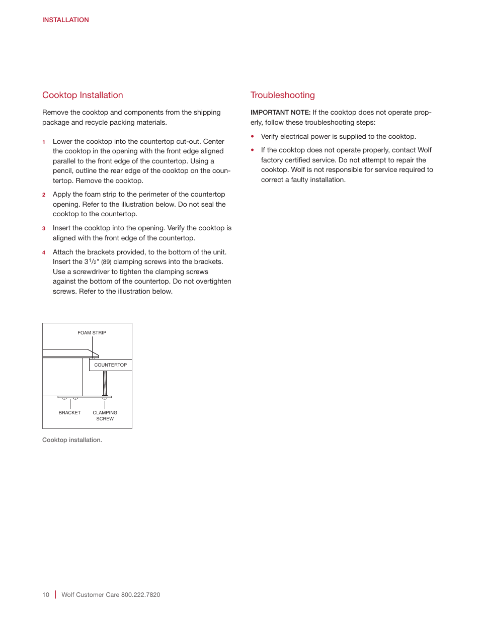 Cooktop installation, Troubleshooting | Wolf 15 Inch Transitional Induction Cooktop Installation Instructions User Manual | Page 10 / 32