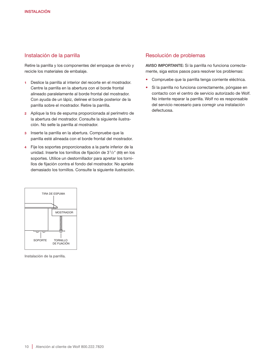 Instalación de la parrilla, Resolución de problemas | Wolf 15 Inch Transitional Induction Cooktop Installation Instructions User Manual | Page 20 / 32