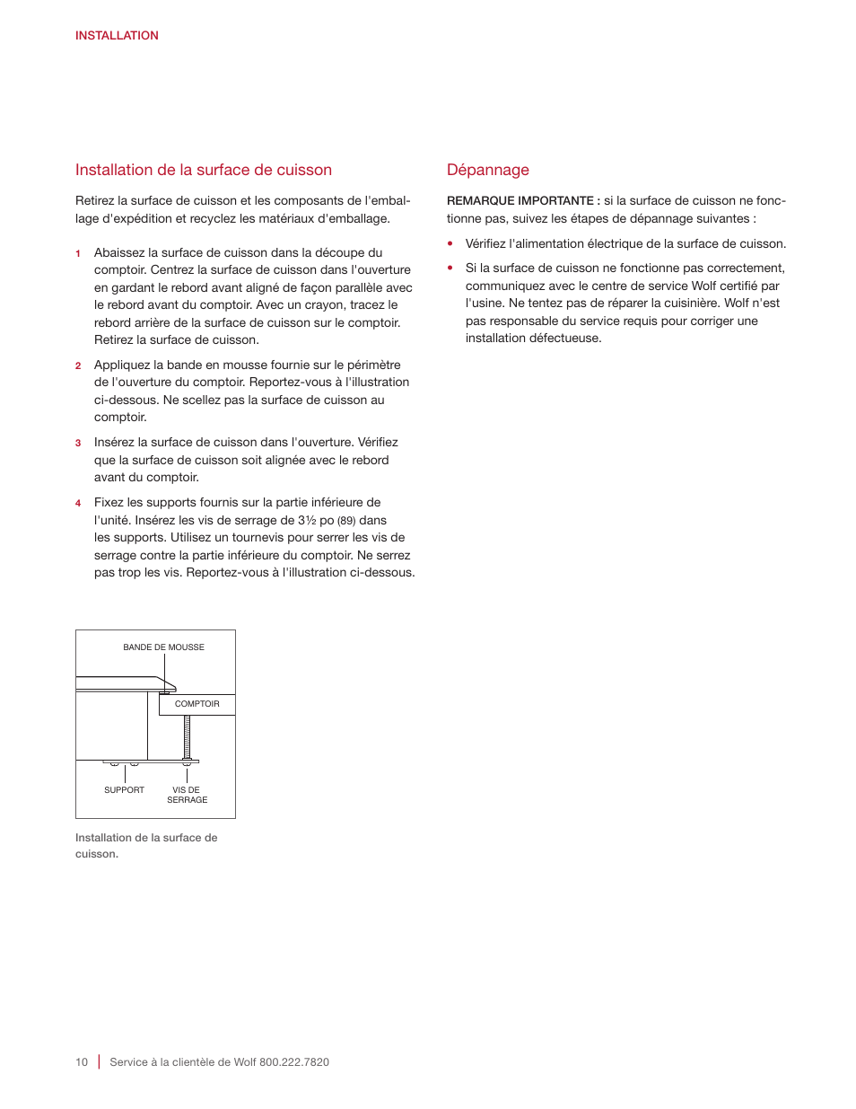 Installation de la surface de cuisson, Dépannage | Wolf 15 Inch Transitional Induction Cooktop Installation Instructions User Manual | Page 30 / 32