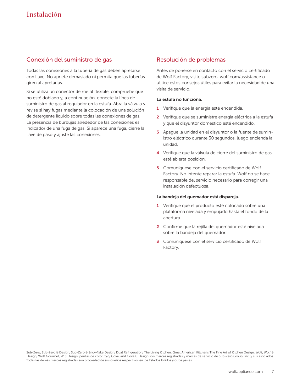 Instalación, Conexión del suministro de gas, Resolución de problemas | Wolf 36 Inch Pro-Style Gas Rangetop Installation Guide User Manual | Page 13 / 26