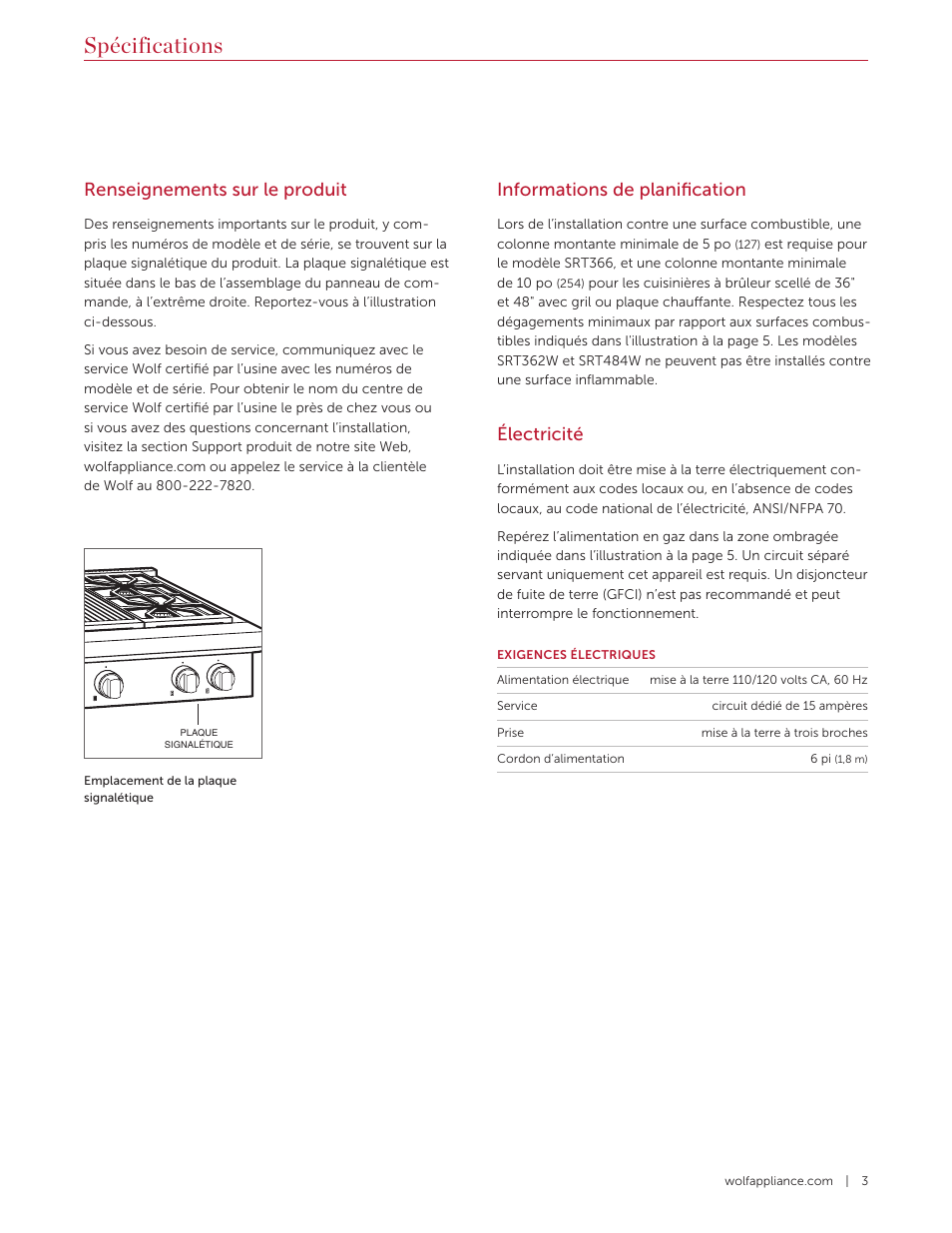 Spécifications, Renseignements sur le produit, Informations de planification | Électricité | Wolf 36 Inch Pro-Style Gas Rangetop Installation Guide User Manual | Page 15 / 26