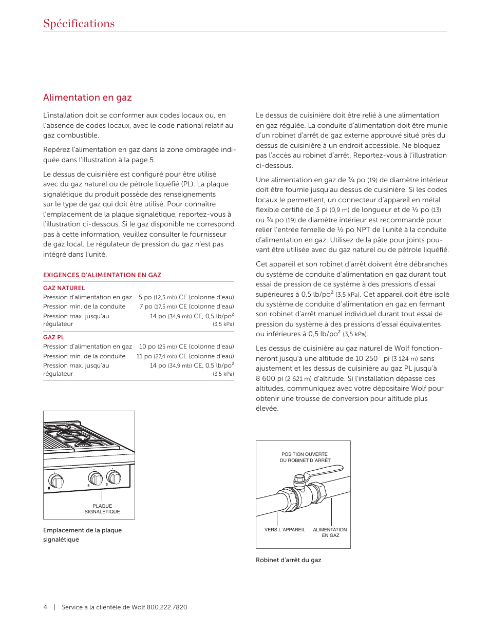 Spécifications, Alimentation en gaz | Wolf 36 Inch Pro-Style Gas Rangetop Installation Guide User Manual | Page 16 / 26